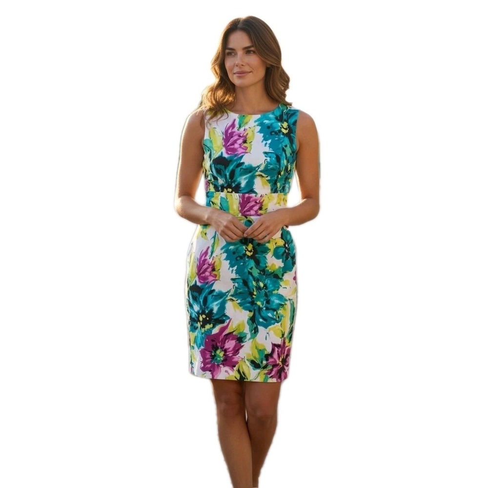 AK Anne Klein Floral Dress‎ Career Chic Sheath Sleeveless Stretch SZ 4  98% CTN